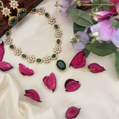Vriksham Designer Floral With Pear AD Stone Neckpiece-Green-G20408
