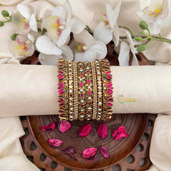 Vriksham Hot Pink & Crystal Floral Stack Lotus Side Kada Silk Bangles Set-G21740