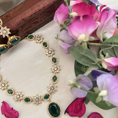 Vriksham Designer Floral With Pear AD Stone Neckpiece-Green-G20408