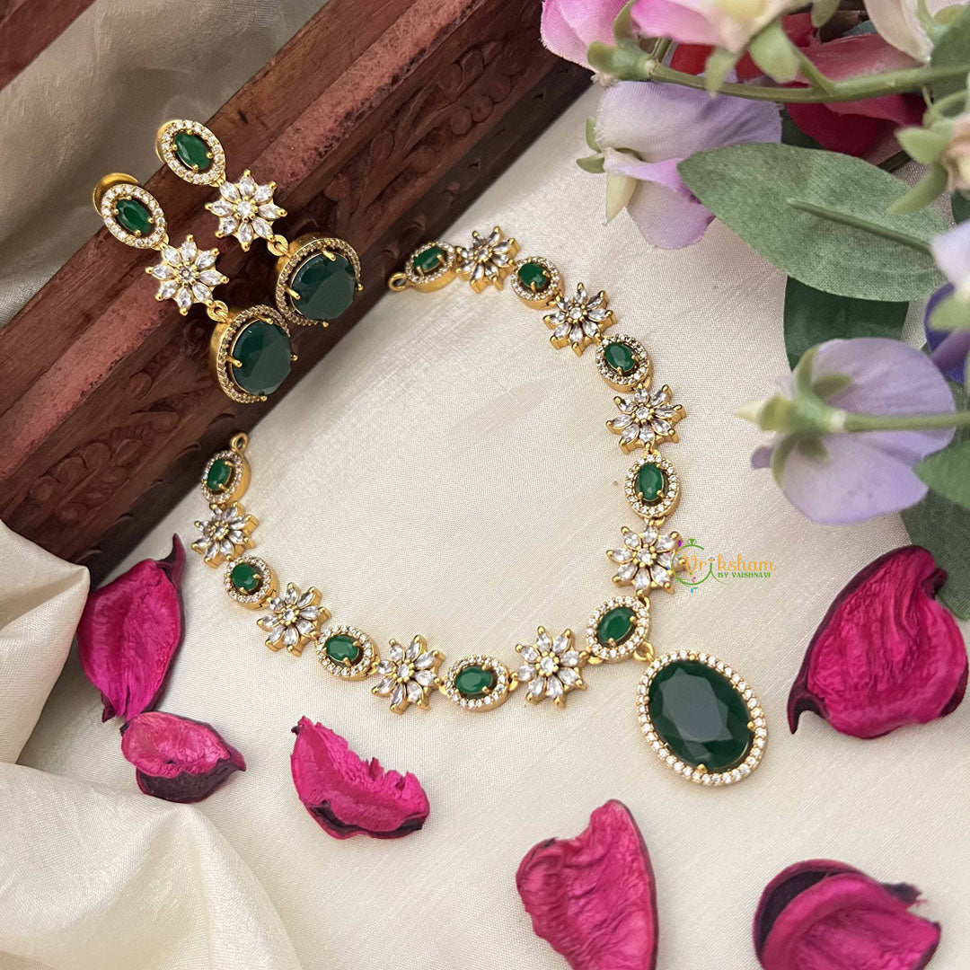 Vriksham Designer Floral With Pear AD Stone Neckpiece-Green-G20408