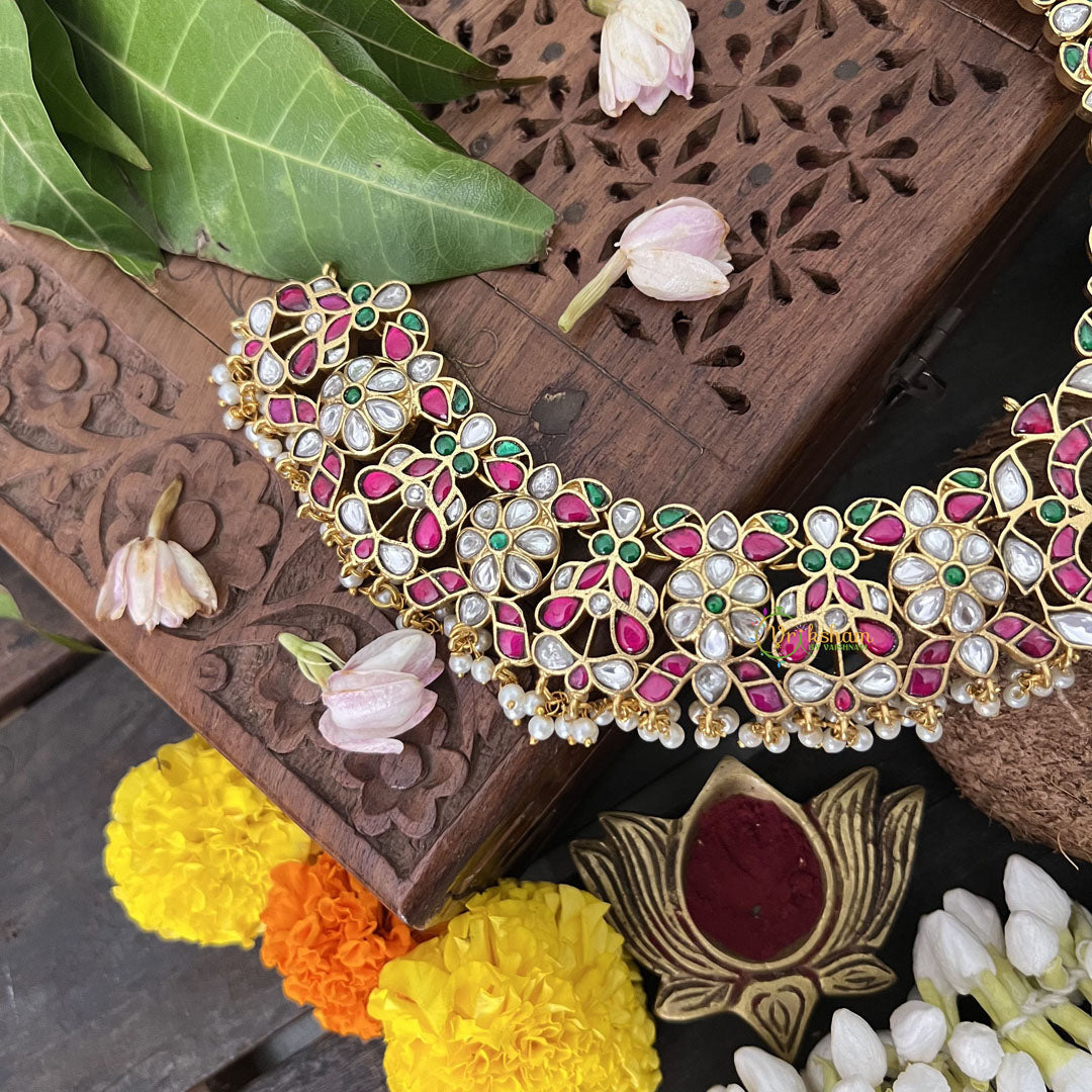 Vriksham Unique Floral Design Kudan Jadau Neckpiece-Red Green-Pearl-J3315