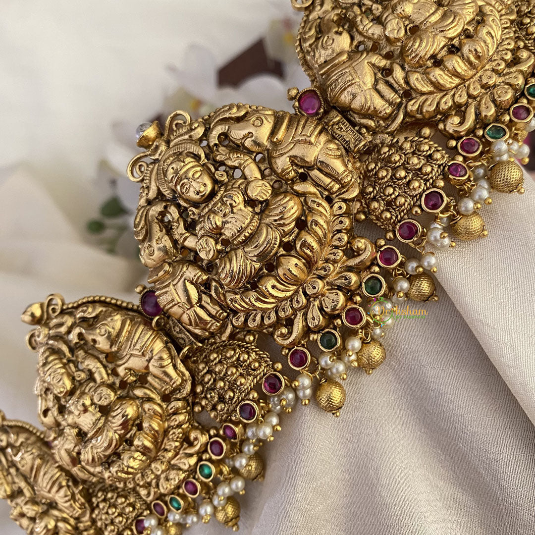 Vriksham Lakshmi With Dual Elephant Bridal Hip Belt-Gold Beads-Red Green-G17599