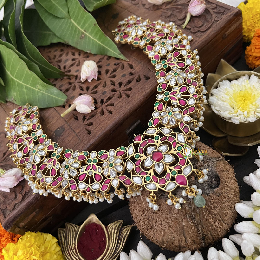 Vriksham Unique Floral Design Kudan Jadau Neckpiece-Red Green-Pearl-J3315