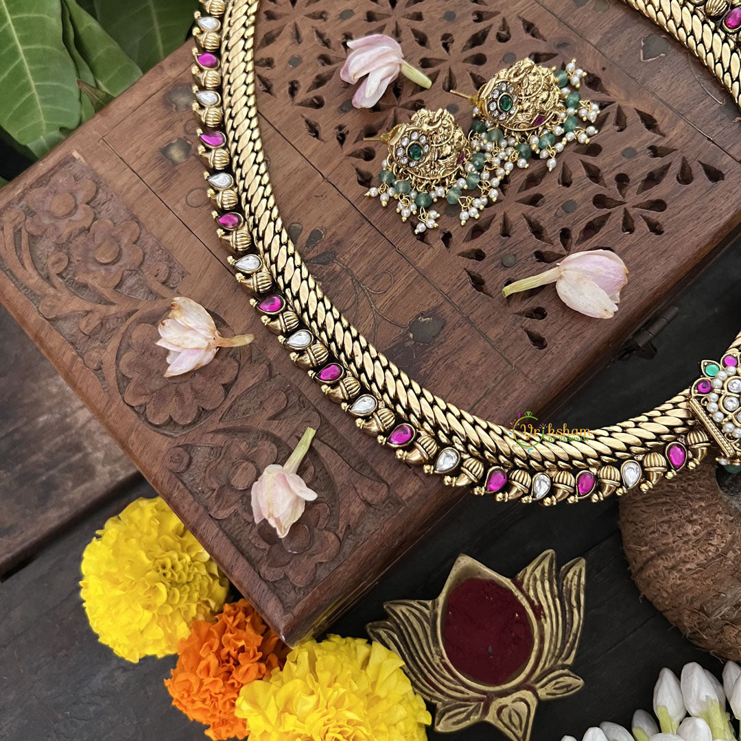 Vriksham Exquisite Kundan Manga Style With Floral Neckpiece-White- Aqua Green Beads-J3301