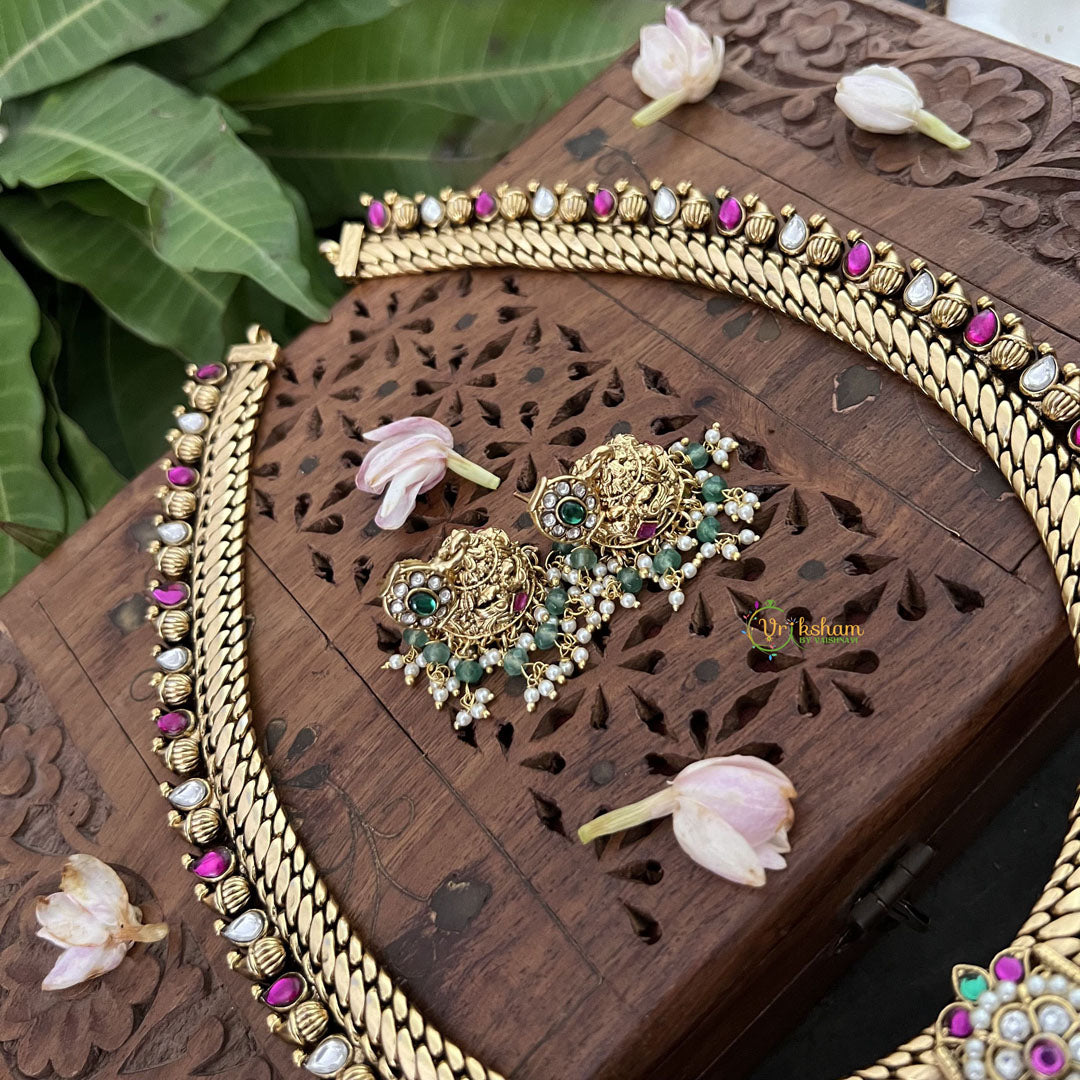 Vriksham Exquisite Kundan Manga Style With Floral Neckpiece-White- Aqua Green Beads-J3301
