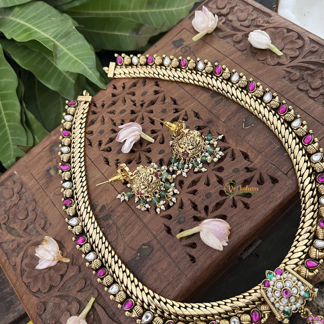 Vriksham Exquisite Kundan Manga Style With Floral Neckpiece-White- Aqua Green Beads-J3301