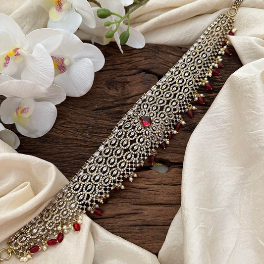 Elegant Victorian Diamond Bridal Hip Chain-Red Bead-Tilak-VV1723