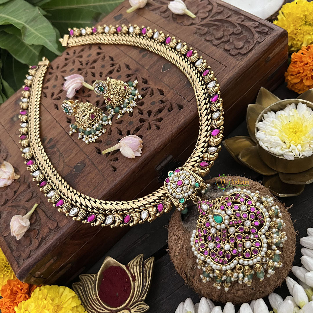 Vriksham Exquisite Kundan Manga Style With Floral Neckpiece-White- Aqua Green Beads-J3301