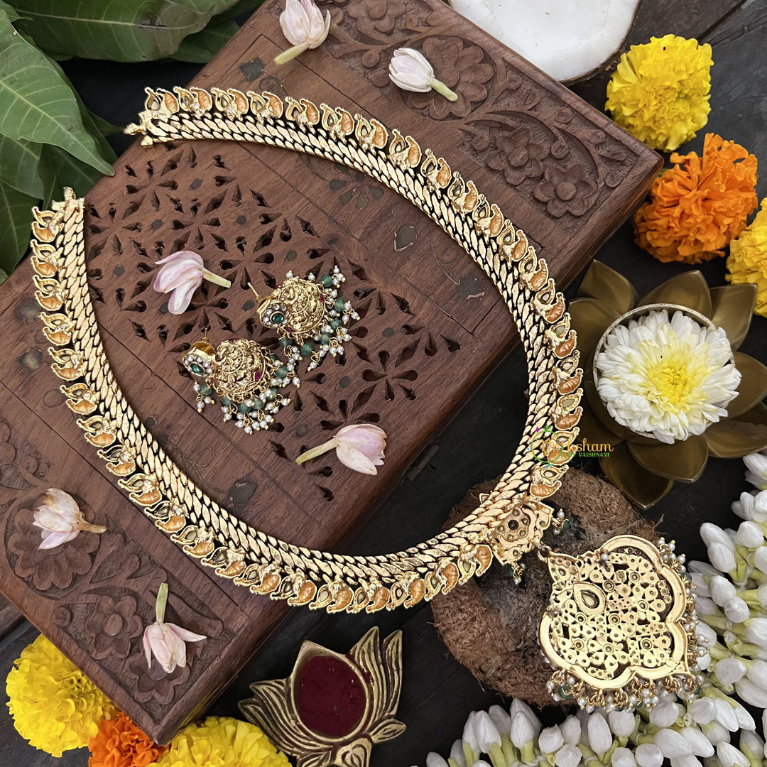 Vriksham Exquisite Kundan Manga Style With Floral Neckpiece-White- Aqua Green Beads-J3301