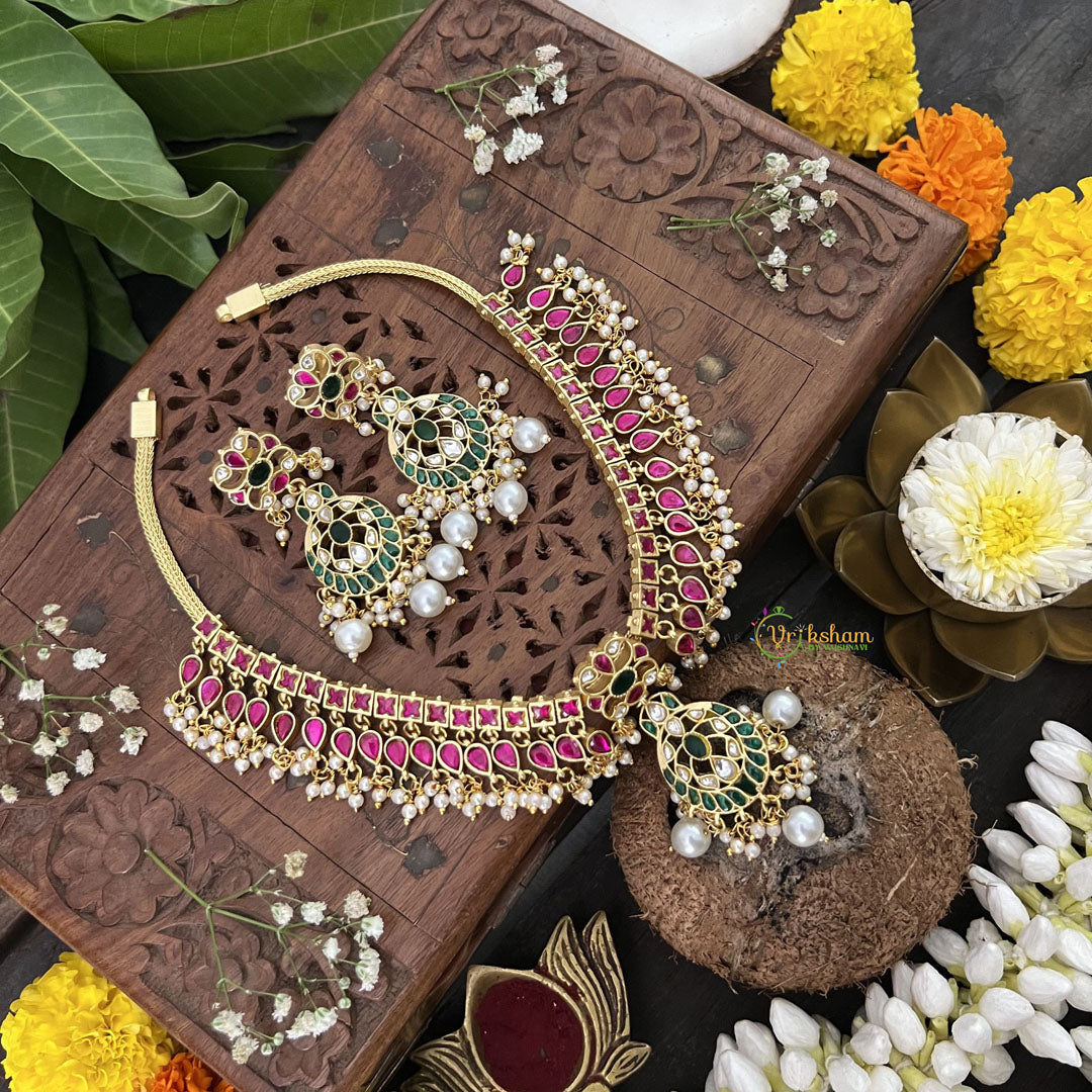 Vriksham Polki diva Style Kundan Jadau Neckpiece-Red Green-White Bead-J3329