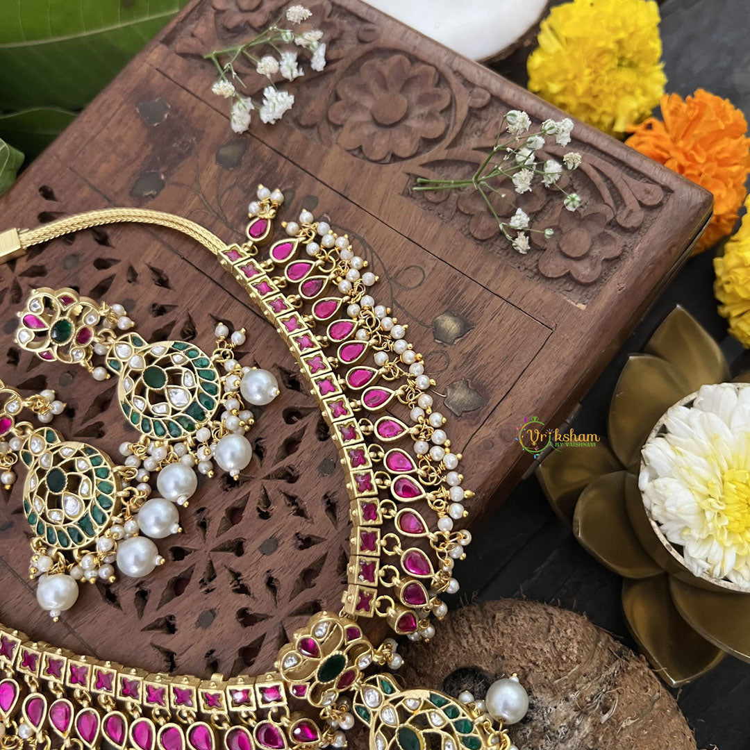 Vriksham Polki diva Style Kundan Jadau Neckpiece-Red Green-White Bead-J3329