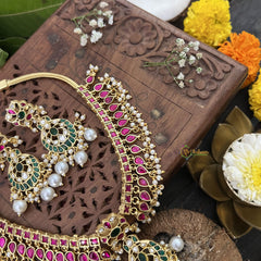Vriksham Polki diva Style Kundan Jadau Neckpiece-Red Green-White Bead-J3329