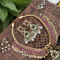 Vriksham Polki diva Style Kundan Jadau Neckpiece-Red Green-White Bead-J3329