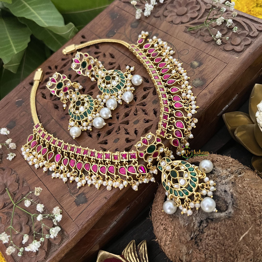 Vriksham Polki diva Style Kundan Jadau Neckpiece-Red Green-White Bead-J3329