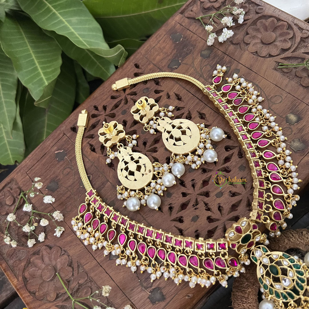 Vriksham Polki diva Style Kundan Jadau Neckpiece-Red Green-White Bead-J3329