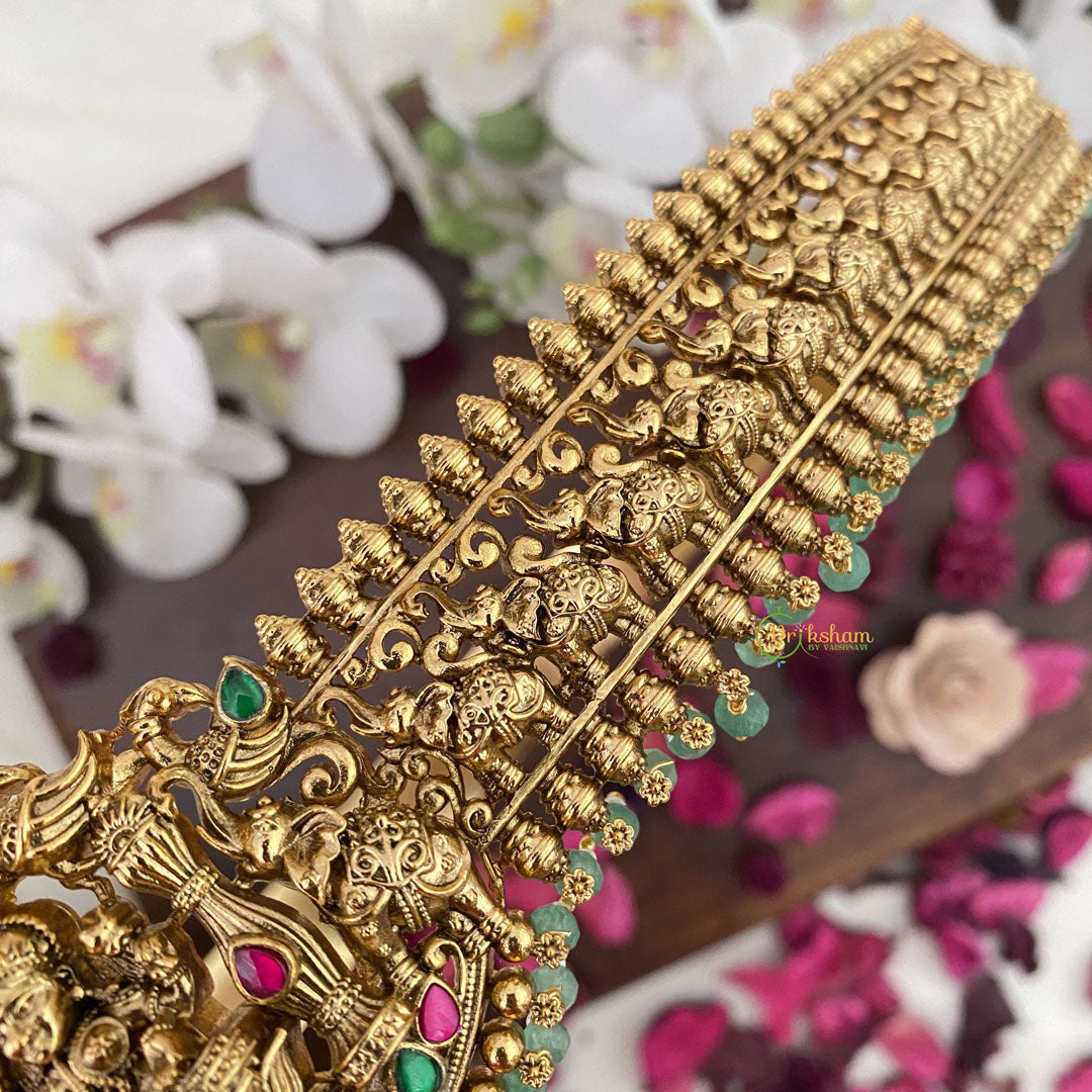 Vriksham Gold Look Alike Lakshmi With Elephants Hipbelt-Pastel Green Beads-G17595