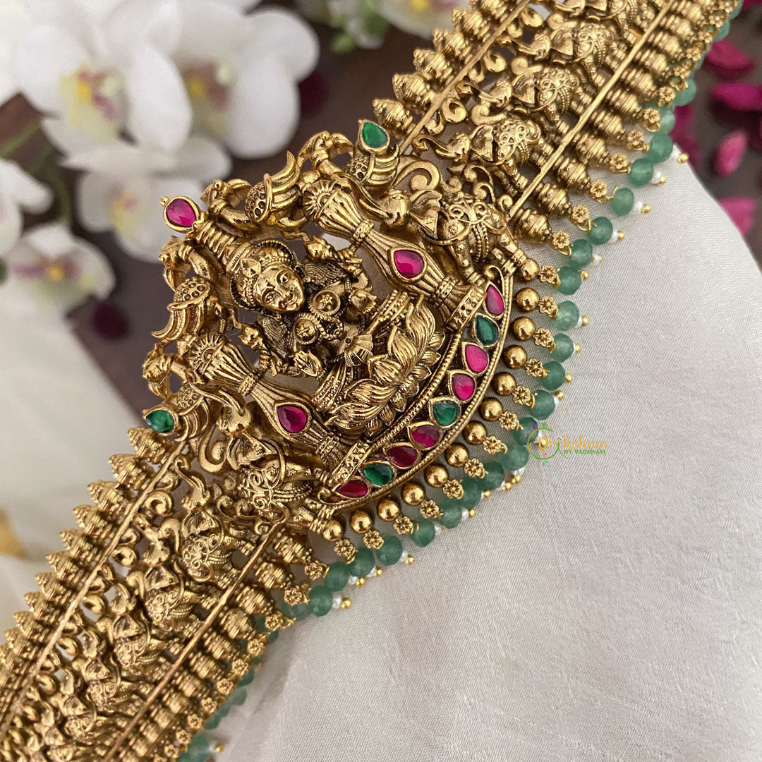 Vriksham Gold Look Alike Lakshmi With Elephants Hipbelt-Pastel Green Beads-G17595