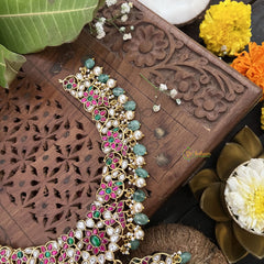 Vriksham Designer Floral Style Kundan Jadau Neckpiece-Aqua Green Bead-J3371