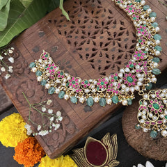 Vriksham Designer Floral Style Kundan Jadau Neckpiece-Aqua Green Bead-J3371