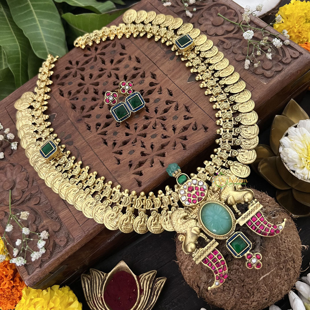 Vriksham Lion Design Coin Kudan Jadau With Two Green Square Neckpiece-J3314