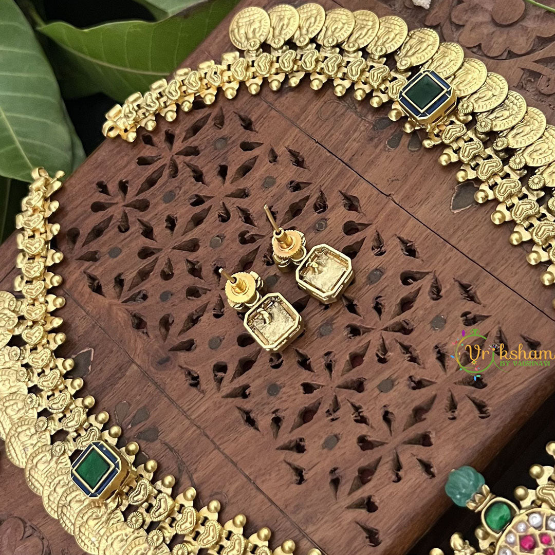 Vriksham Lion Design Coin Kudan Jadau With Two Green Square Neckpiece-J3314