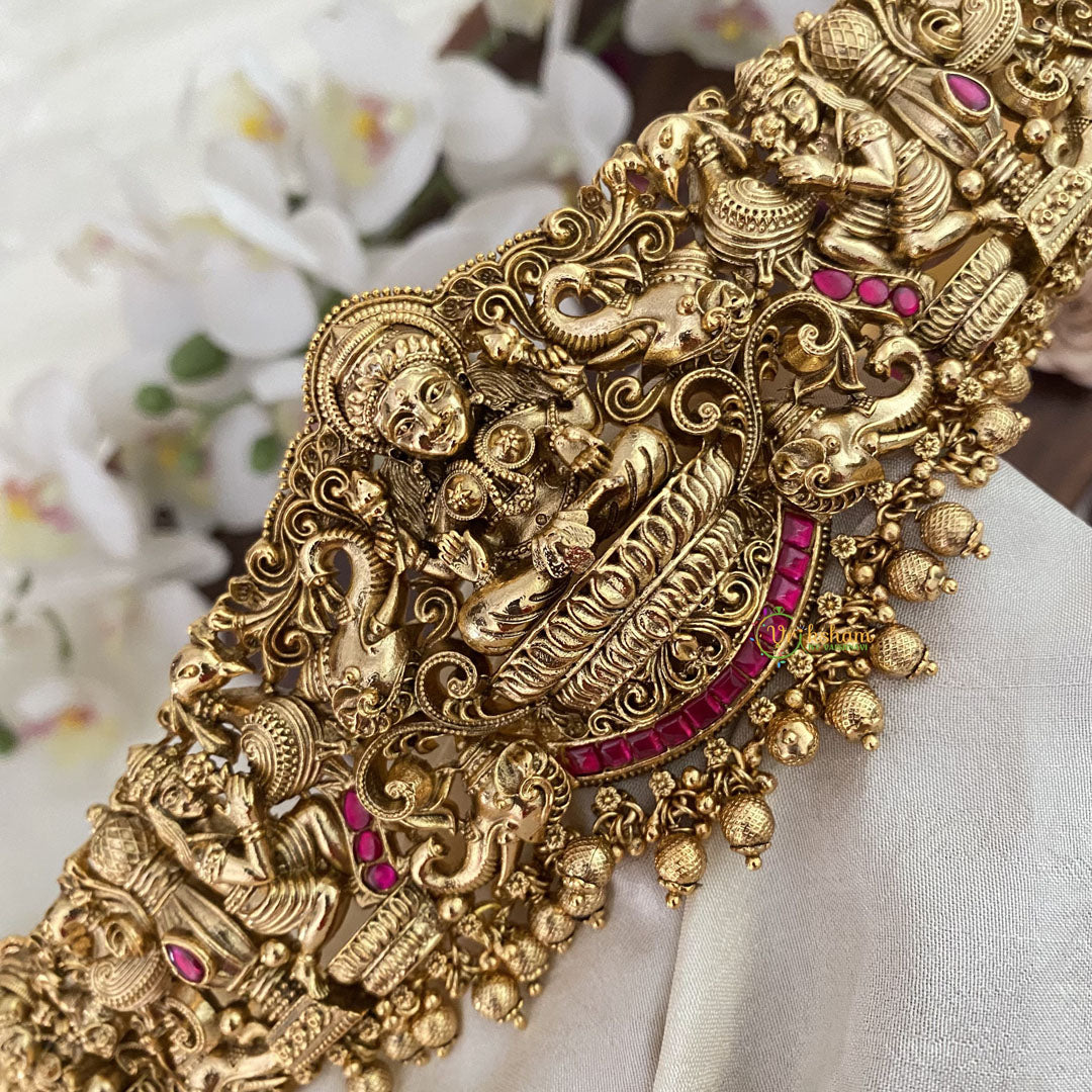 Vriksham Lakshmi With Dual Elephant Bridal Hip Belt-Gold Beads-Red-G17605