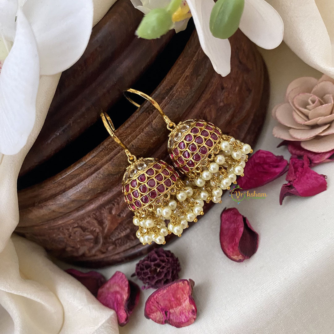 Vriksham Red & White Stone Hook Earring-Guttapusalu-G16638