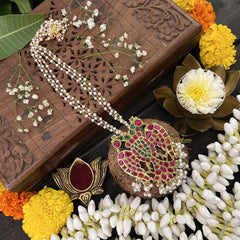 Vriksham Dual Peacock Pendant Jadau Kundan Layered Mala-Red Green-White Beads-J3284
