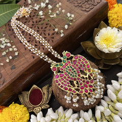 Vriksham Dual Peacock Pendant Jadau Kundan Layered Mala-Red Green-White Beads-J3284
