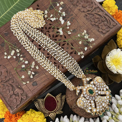 Vriksham Dual Peacock Reversible Pendant Jadau Kundan Layered Mala- Aqua Green Beads-J3283