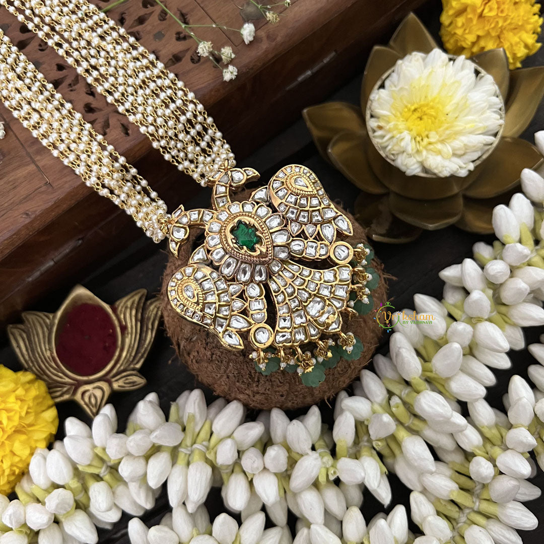 Vriksham Dual Peacock Reversible Pendant Jadau Kundan Layered Mala- Aqua Green Beads-J3283