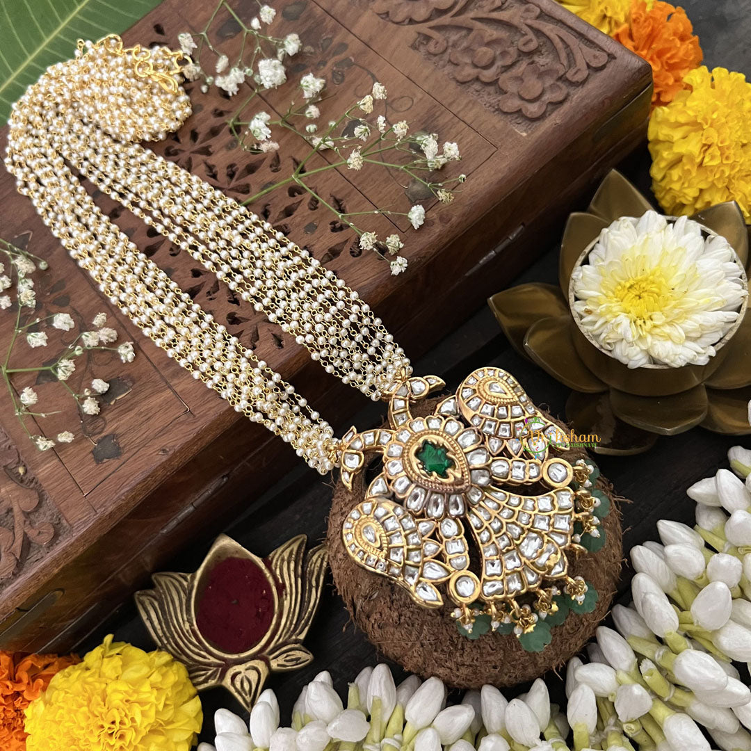 Vriksham Dual Peacock Reversible Pendant Jadau Kundan Layered Mala- Aqua Green Beads-J3283