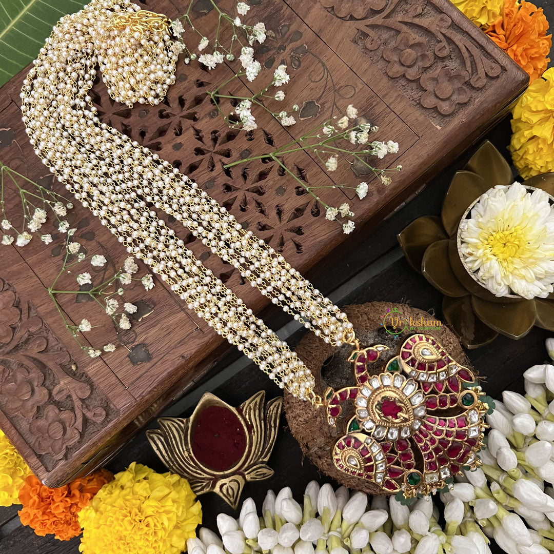 Vriksham Dual Peacock Reversible Pendant Jadau Kundan Layered Mala- Aqua Green Beads-J3283