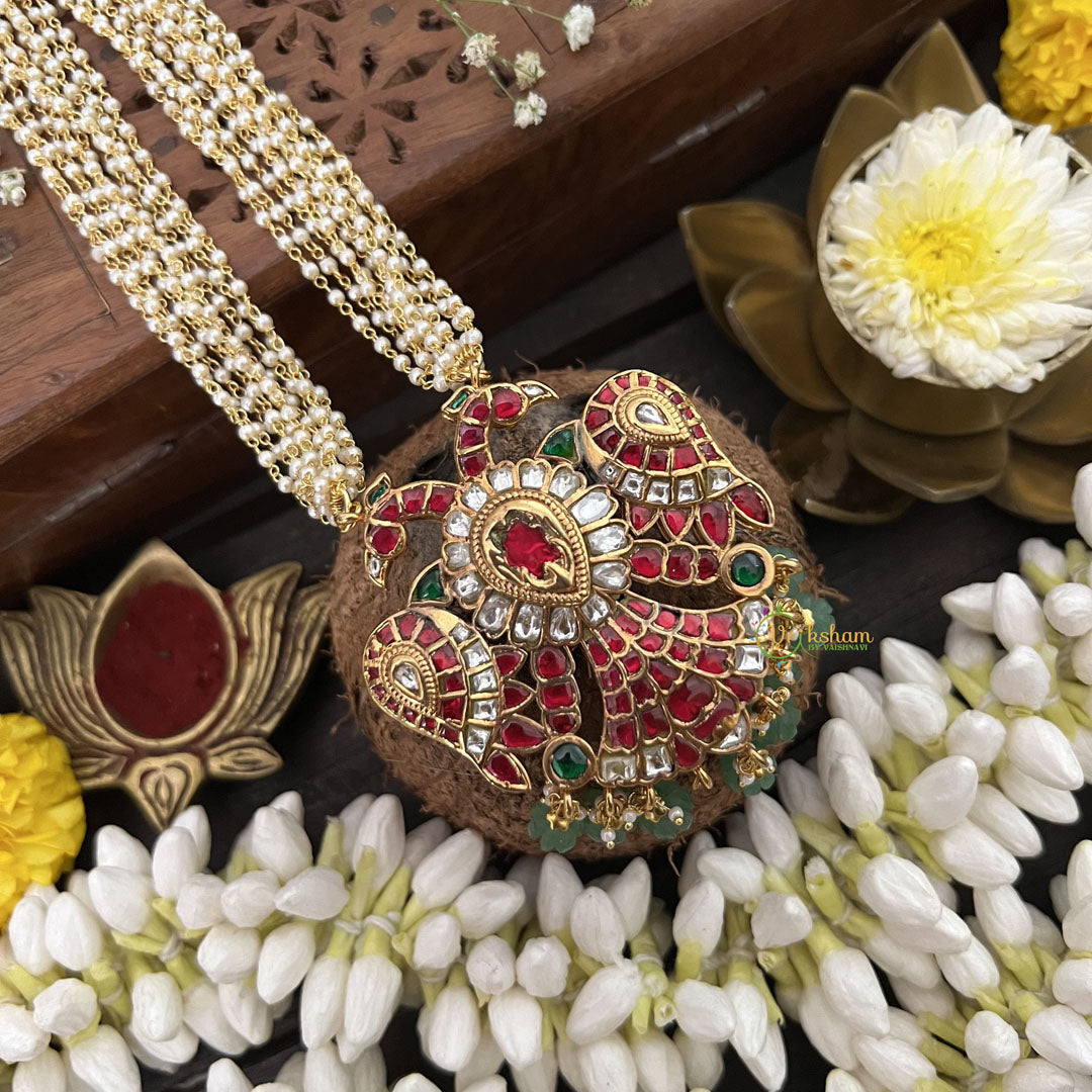 Vriksham Dual Peacock Reversible Pendant Jadau Kundan Layered Mala- Aqua Green Beads-J3283