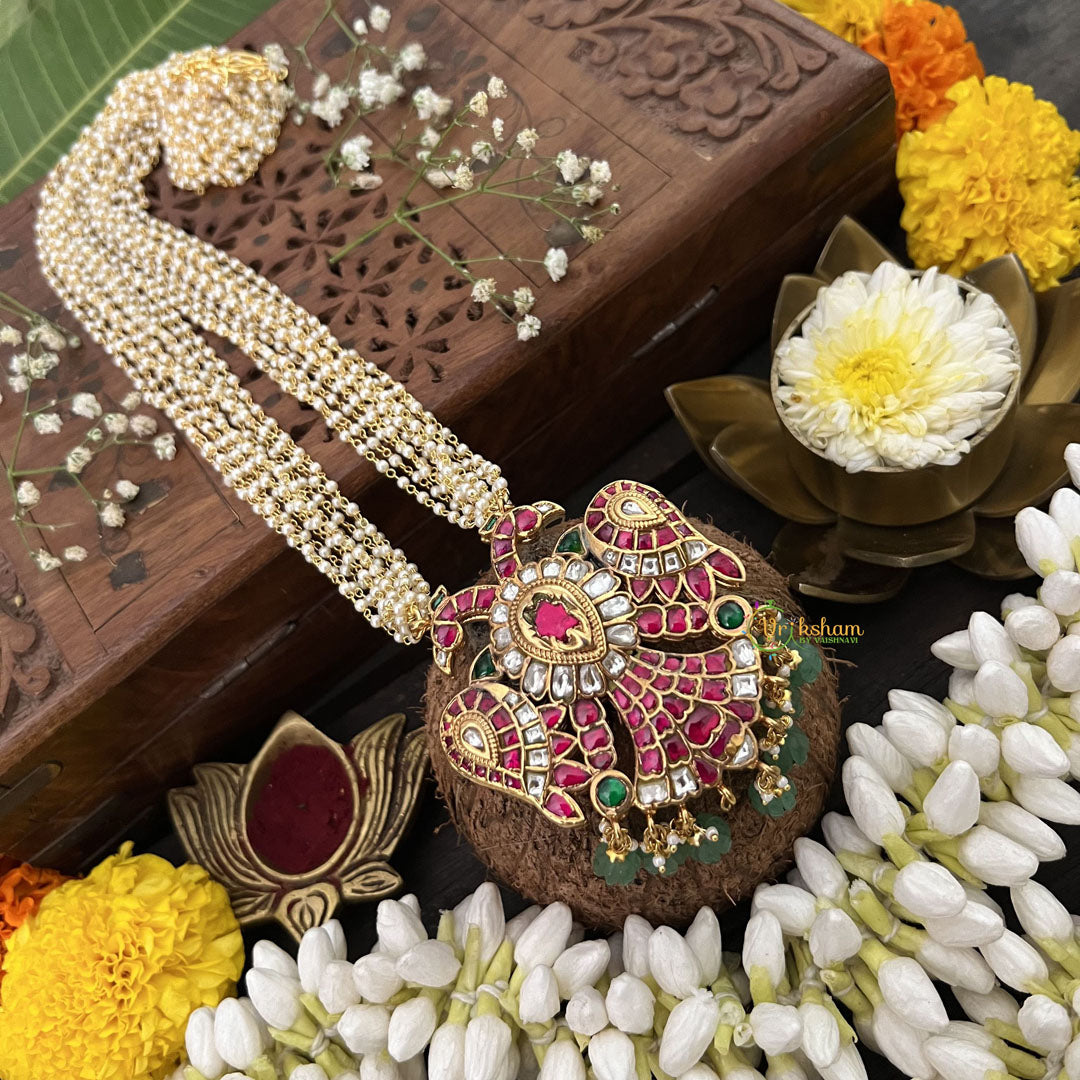 Vriksham Dual Peacock Reversible Pendant Jadau Kundan Layered Mala- Aqua Green Beads-J3283