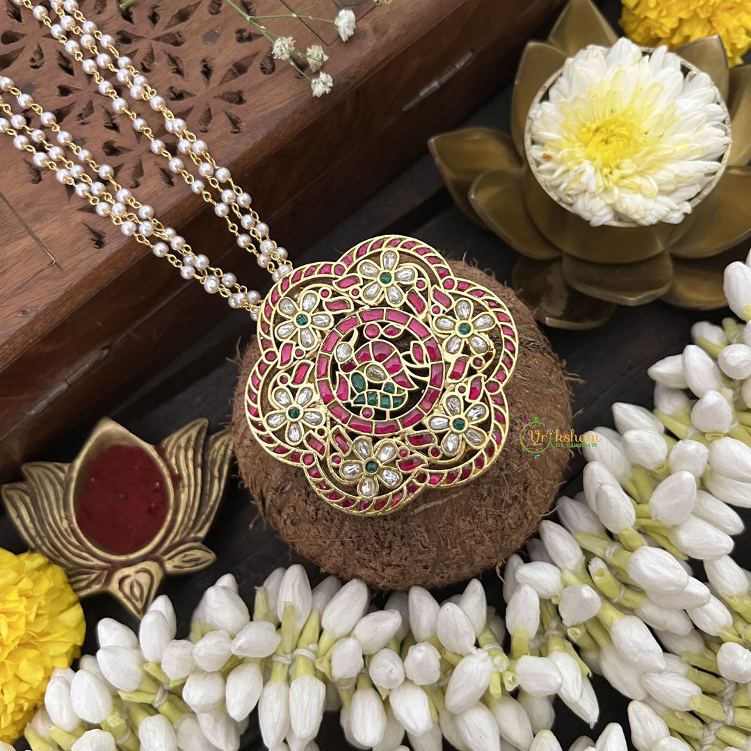 Vriksham Floral Peacock Pendant Jadau Kundan Layered Mala-Red, Green & White-J3285