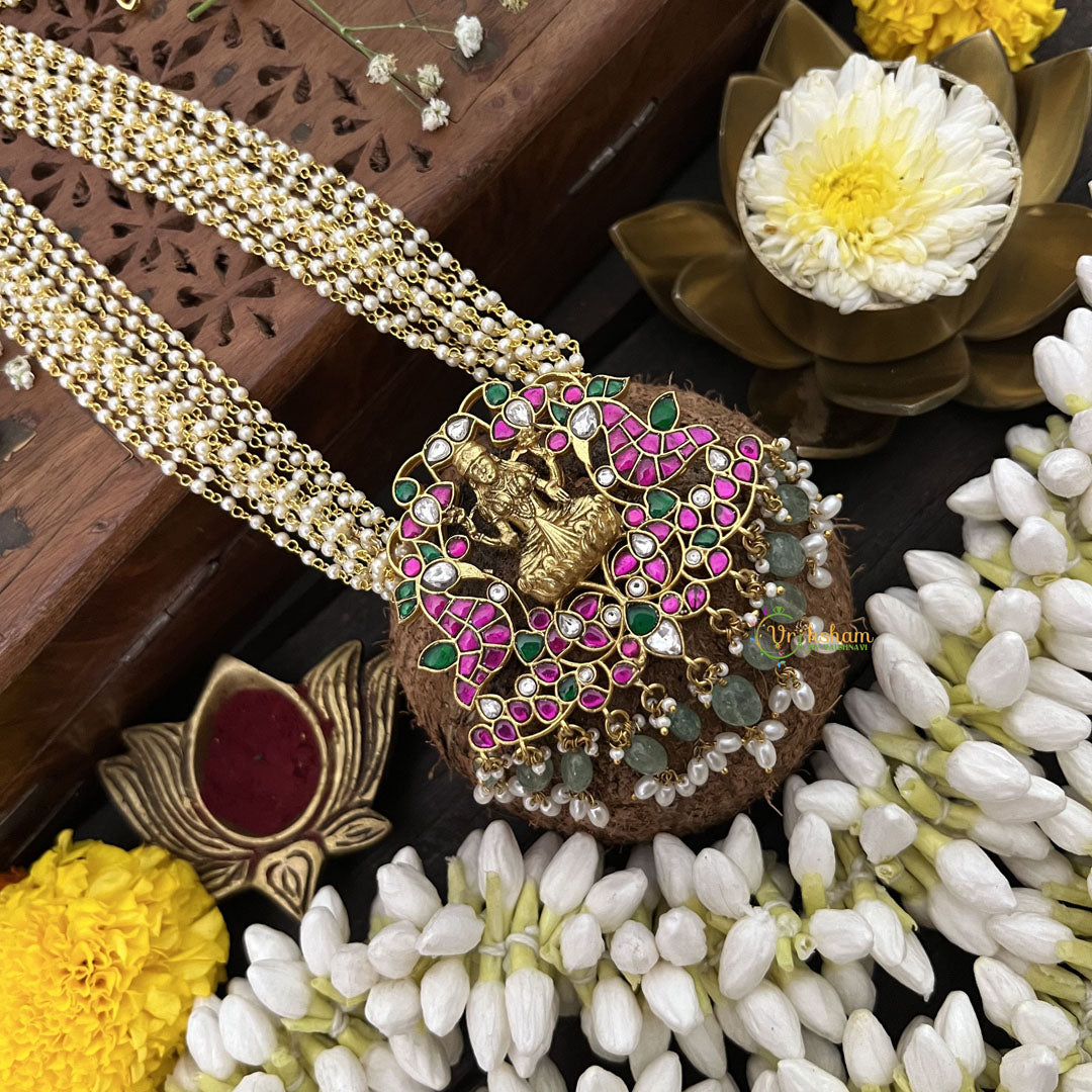 Vriksham Peacock With Lakshmi Style Pendant 10 Layer Beaded Mala-Red Green-White Aqua Bead-J3326