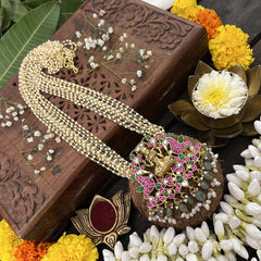 Vriksham Peacock With Lakshmi Style Pendant 10 Layer Beaded Mala-Red Green-White Aqua Bead-J3326