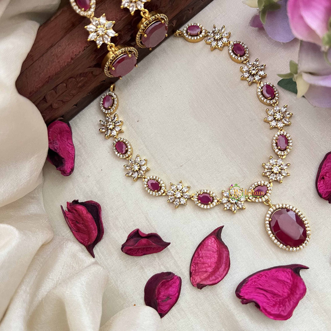 Vriksham Designer Floral With Pear AD Stone Neckpiece-Red-G20409