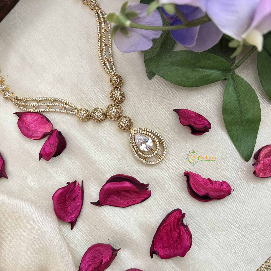 Vriksham Classic Crystal Shine Tear Drop Style AD Stone Neckpiece-White-G20404