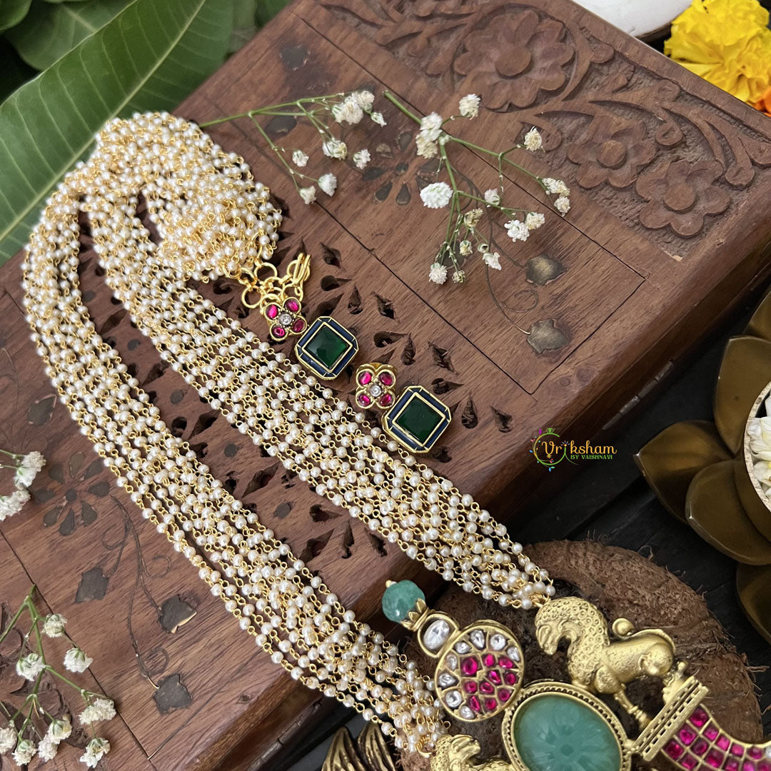 Vriksham Dual Lion Face Pendant Jadau Kundan Layered Mala-Red, Green & White-J3286