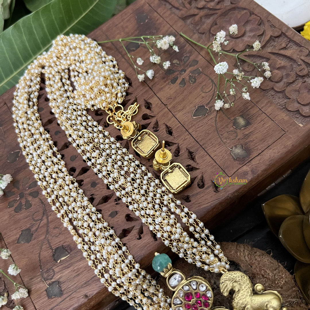 Vriksham Dual Lion Face Pendant Jadau Kundan Layered Mala-Red, Green & White-J3286