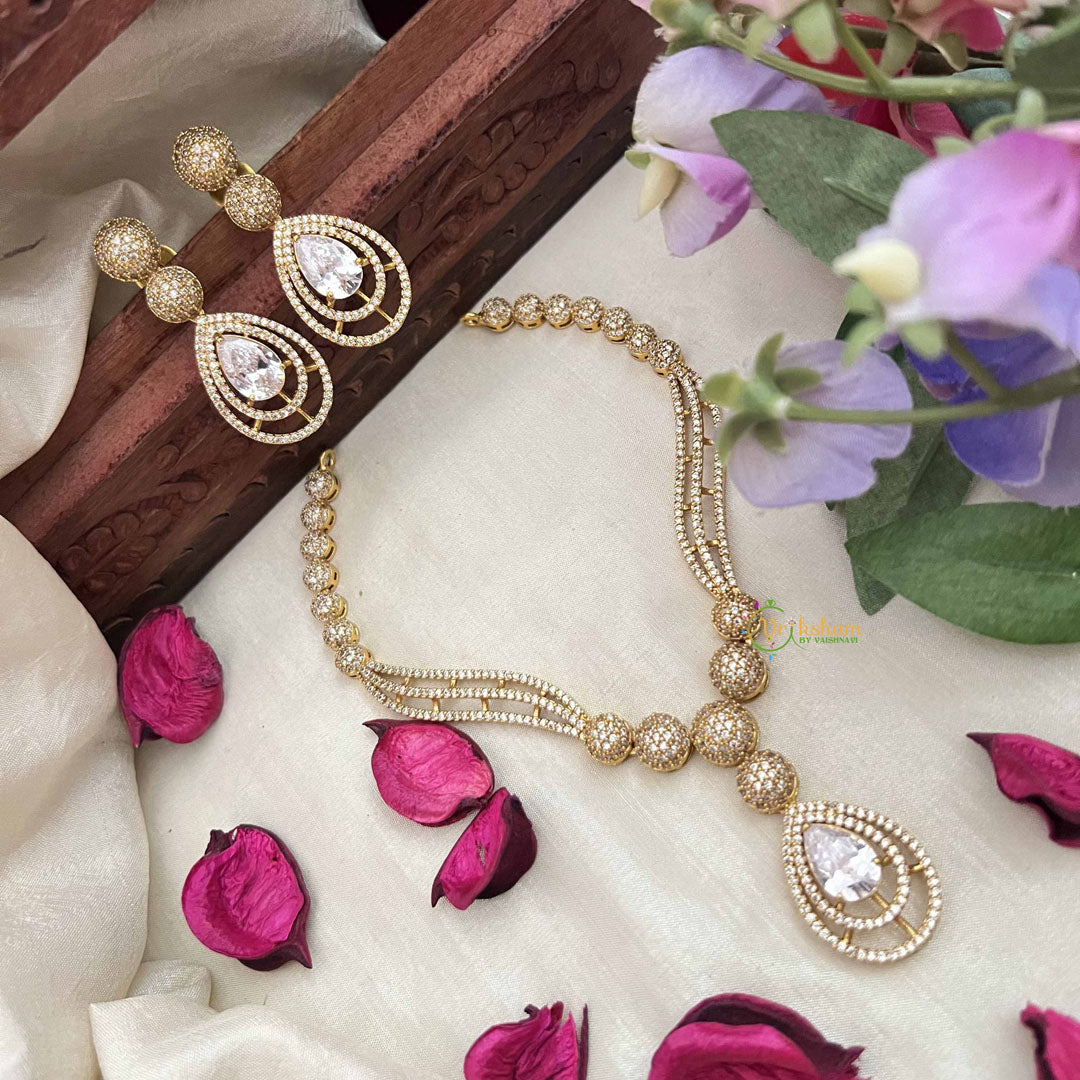 Vriksham Classic Crystal Shine Tear Drop Style AD Stone Neckpiece-White-G20404