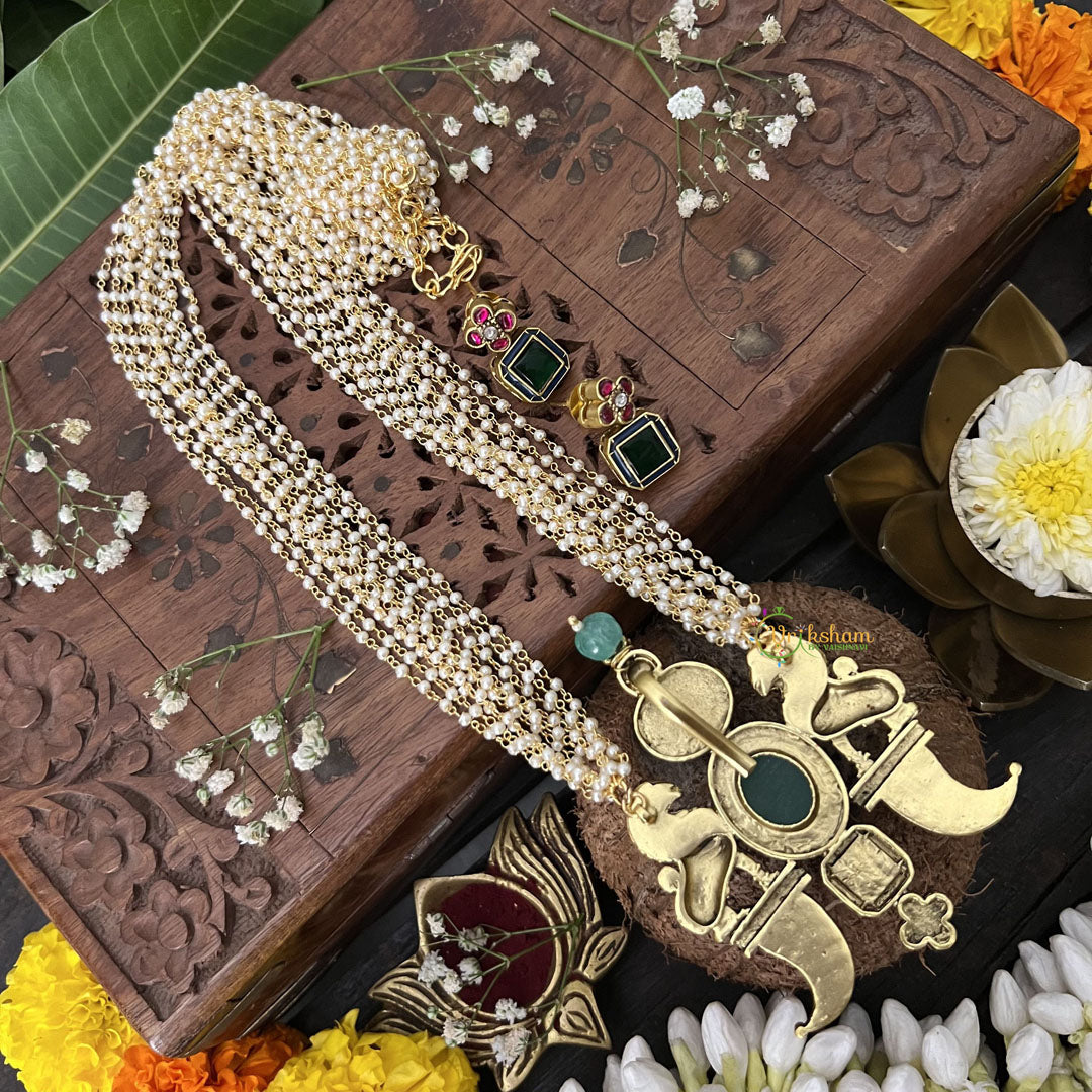 Vriksham Dual Lion Face Pendant Jadau Kundan Layered Mala-Red, Green & White-J3286