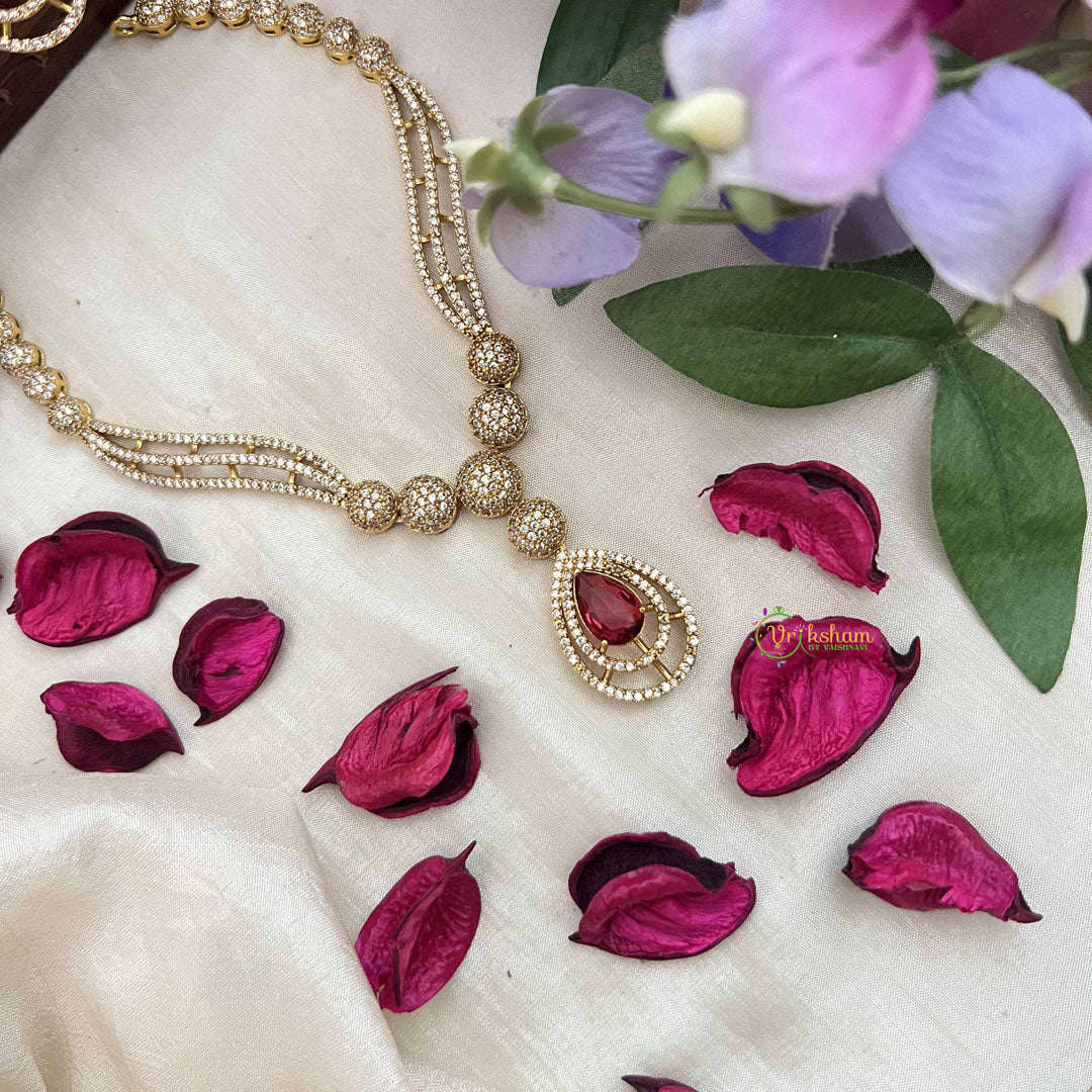 Vriksham Classic Crystal Shine Tear Drop Style AD Stone Neckpiece-Red-G20405