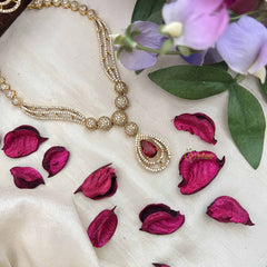 Vriksham Classic Crystal Shine Tear Drop Style AD Stone Neckpiece-Red-G20405