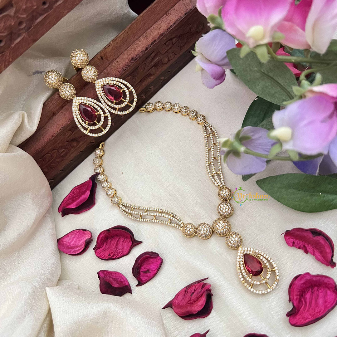Vriksham Classic Crystal Shine Tear Drop Style AD Stone Neckpiece-Red-G20405
