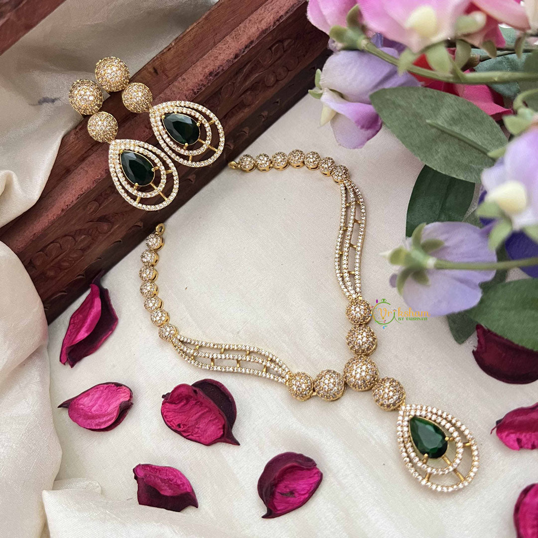 Vriksham Classic Crystal Shine Tear Drop Style AD Stone Neckpiece-Green-G20406