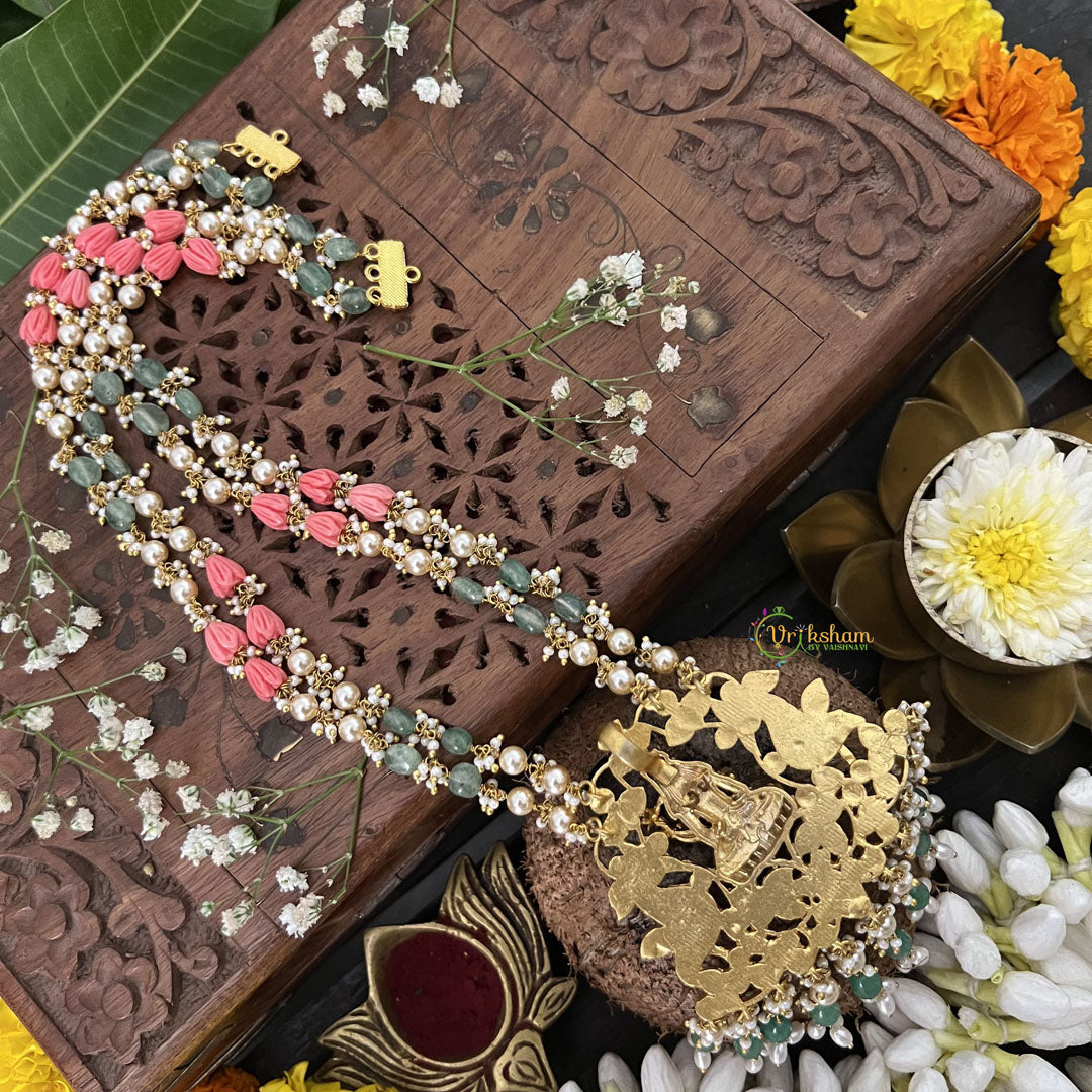Vriksham Peacock With Lakshmi Style Pendant 2 Layer Green Beaded Mala-Red White-White Aqua Bead-J3327