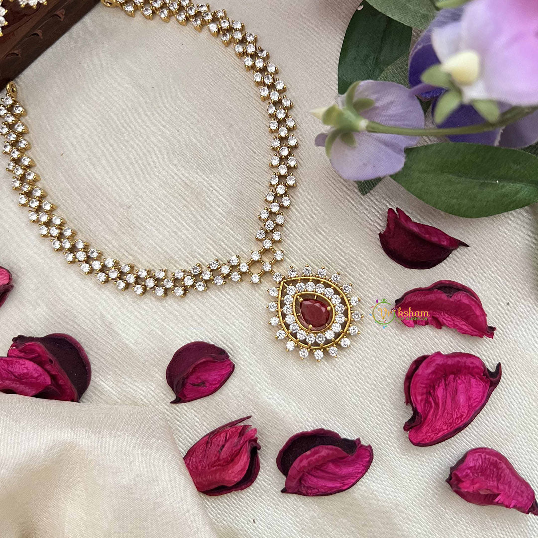 Vriksham Premiums AD Stone Pear Design Neckpiece-Red-G20387
